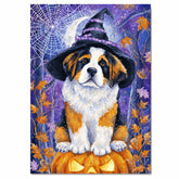 Saint Bernard Dog Halloween Canvas Print with Witch Hat Bat Spider Web Art Decor for Pet Lovers on Ready to Hang 1.5" Thick Canvas Wrap, Floating Framed Canvas, Flat Rolled Canvas